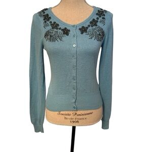 KNITTED & KNOTTED SWEATER CARDIGAN BLUE FLORAL BEADING BLACK SHORT STYLE SIZE S